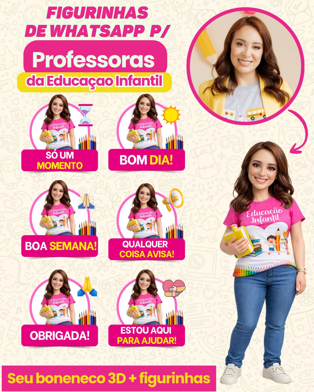 Pack de figurinhas de Whatsapp Professoras da Educação Infantil + Boneco 3D